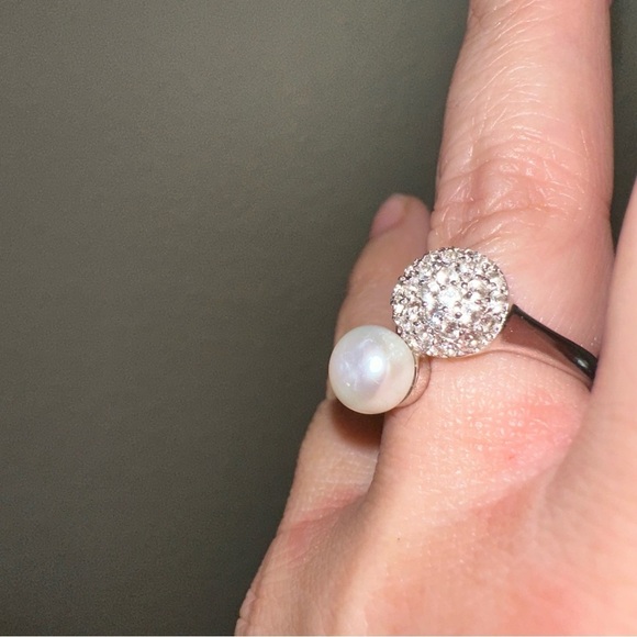 Cultured pearl ring 7-8 mm with lab diamond silver ring size 7 - Picture 3 of 5